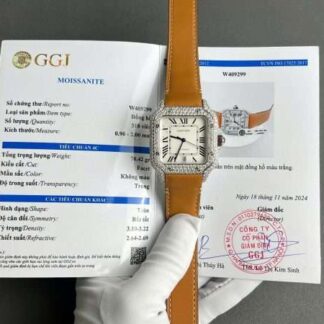 Cartier Santos White Dial Replica Watch Custom Diamonds Moissanite BV Factory 39.8mm